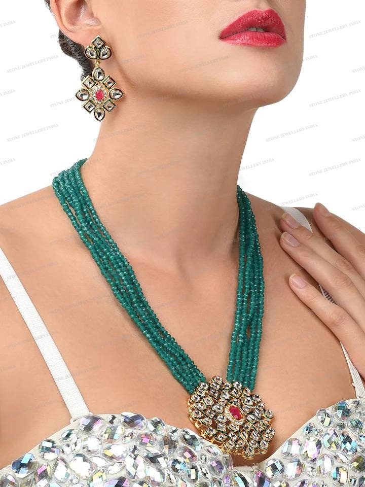 Long Polki Necklace – Pakistani Jewelry – Kundan Necklace Set W/earrings – Indian Wedding Bridal Jewelry – Semiprecious Gray Beaded Necklace | Save 33% - Rajasthan Living 15