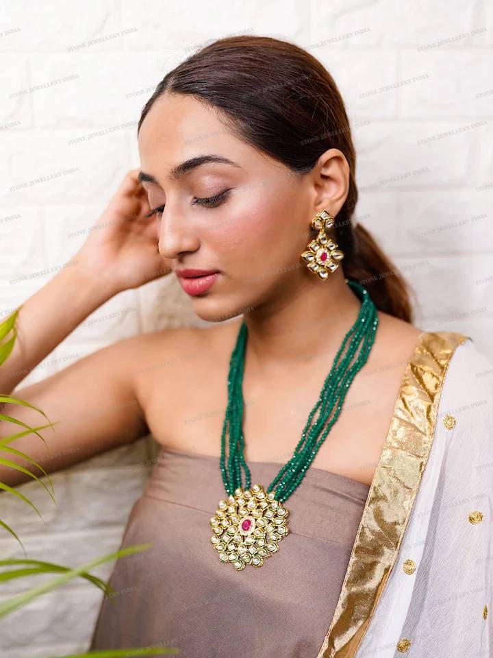 Long Polki Necklace – Pakistani Jewelry – Kundan Necklace Set W/earrings – Indian Wedding Bridal Jewelry – Semiprecious Gray Beaded Necklace | Save 33% - Rajasthan Living 16
