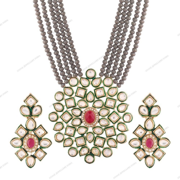 Long Polki Necklace – Pakistani Jewelry – Kundan Necklace Set W/earrings – Indian Wedding Bridal Jewelry – Semiprecious Gray Beaded Necklace | Save 33% - Rajasthan Living 7
