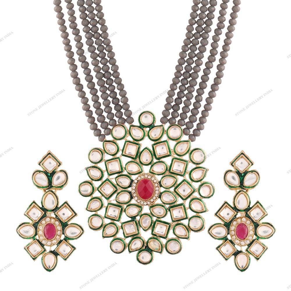 Indian Wedding Bridal Jewelry Kundan Necklace Set w/Earrings Long Polki Necklace Semiprecious Gray Beaded Necklace Pakistani Jewelry