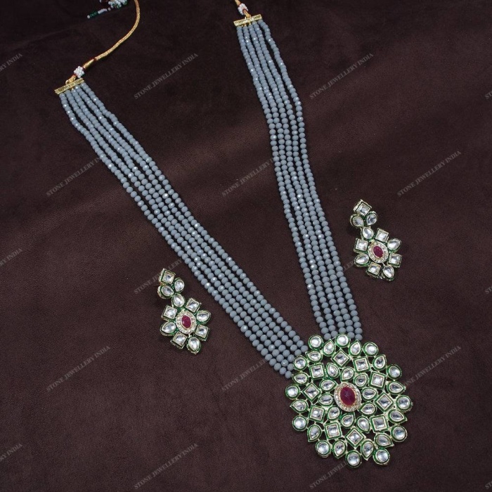 Indian Wedding Bridal Jewelry Kundan Necklace Set w/Earrings Long Polki Necklace Semiprecious Gray Beaded Necklace Pakistani Jewelry