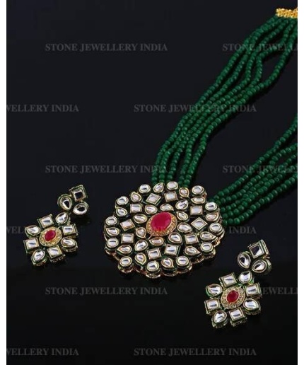 Long Polki Necklace – Pakistani Jewelry – Kundan Necklace Set W/earrings – Indian Wedding Bridal Jewelry – Semiprecious Gray Beaded Necklace | Save 33% - Rajasthan Living