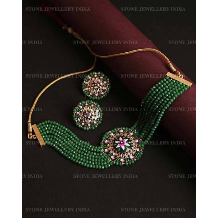 Handmade Flower Panting Round Shape Black Lineing Choker, Indian Choker, Indian Jewellery, Pink Flower Jewellery Meenakari White Choker | Save 33% - Rajasthan Living 5