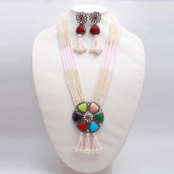 New Multicolored Kundan Bridal Necklace Earrings, Long Necklace Rani Haar Pearls Bollywood Jewellery Set, Party Wear Necklace, Statement Set | Save 33% - Rajasthan Living 6