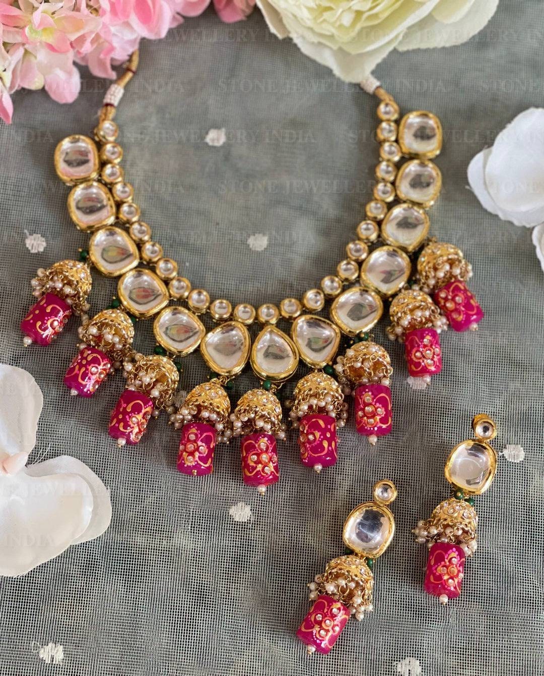 Heavy Meenakari Jadau Kundan Handmade Kundan Bridal Choker Set, Tanjore Semiprecious Stone Kundan Necklace, Customizable Indian Jewelry Set | Save 33% - Rajasthan Living 10