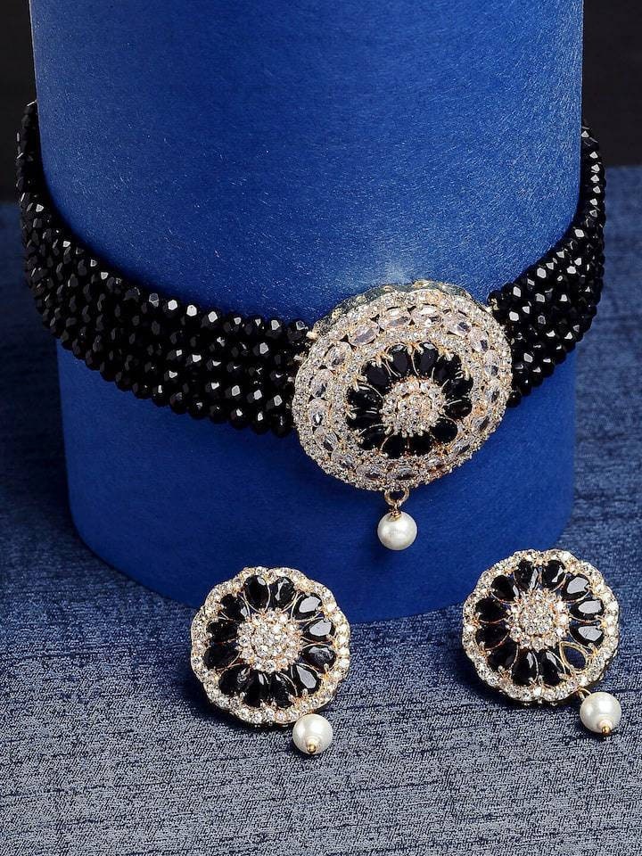 Indian Jewelry,kundan Choker Necklace,Wedding Jewelry,Indian Choker,Indian Kundan Necklace Set,American Diamond Black Choker With Earrings | Save 33% - Rajasthan Living 13