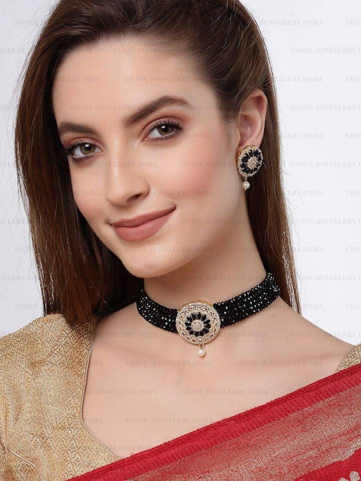 Indian Jewelry,kundan Choker Necklace,Wedding Jewelry,Indian Choker,Indian Kundan Necklace Set,American Diamond Black Choker With Earrings | Save 33% - Rajasthan Living 14