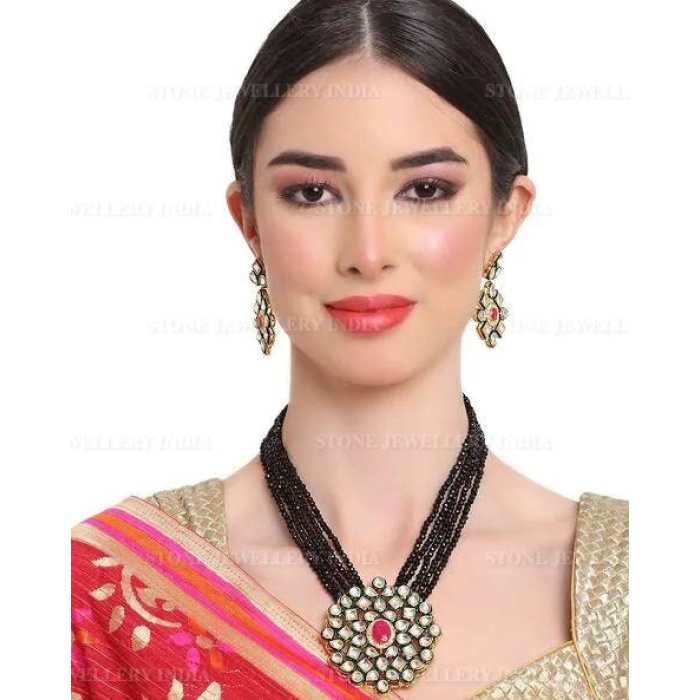 Long Polki Necklace – Pakistani Jewelry – Kundan Necklace Set W/earrings – Indian Wedding Bridal Jewelry – Semiprecious Gray Beaded Necklace | Save 33% - Rajasthan Living 6
