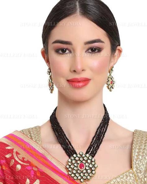 Long Polki Necklace – Pakistani Jewelry – Kundan Necklace Set W/earrings – Indian Wedding Bridal Jewelry – Semiprecious Gray Beaded Necklace | Save 33% - Rajasthan Living 13