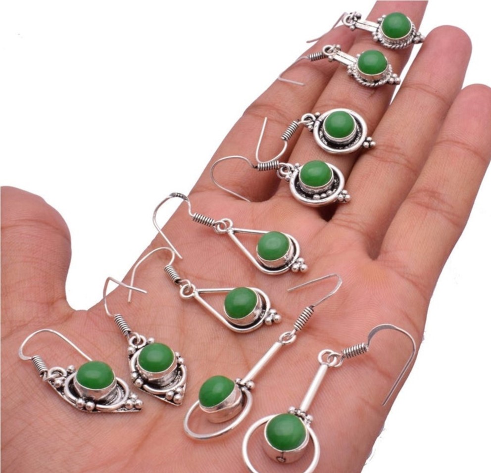 5 Pr Green Onyx Earring Lots 925 Sterling Silver Plated Earring LE-17-635 | Save 33% - Rajasthan Living