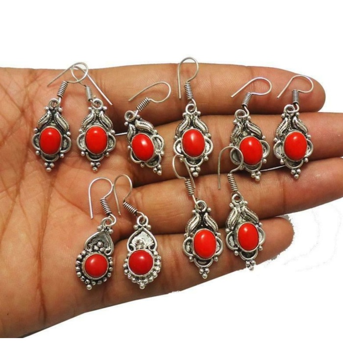 5 Pr Coral Earring Lots 925 Sterling Silver Plated Earring LE-17-664 | Save 33% - Rajasthan Living 5