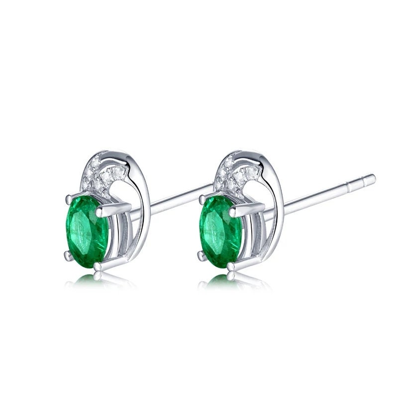 Natural Emerald Studs Earrings, 18k White Gold, Emerald Studs Earrings, Emerald Silver Earrings, Luxury Earrings, Ovel Cut Stone Earrings | Save 33% - Rajasthan Living 3