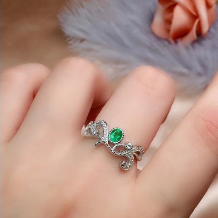 925 Sterling Silver Natural Green Emerald & Cubic Zirconia Woman Ring, Emerald Ring, Statement Ring, Engagement and Wedding Ring | Save 33% - Rajasthan Living 7