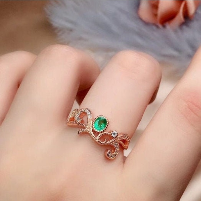 925 Sterling Silver Natural Green Emerald & Cubic Zirconia Woman Ring, Emerald Ring, Statement Ring, Engagement and Wedding Ring | Save 33% - Rajasthan Living 5