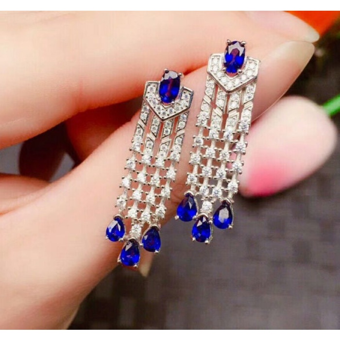 Natural Sapphire Drop Earrings, 925 Sterling Silver, Sapphire Earrings, Sapphire Silver Earrings, Luxury Earrings, Pear Cut Stone Earrings | Save 33% - Rajasthan Living 6