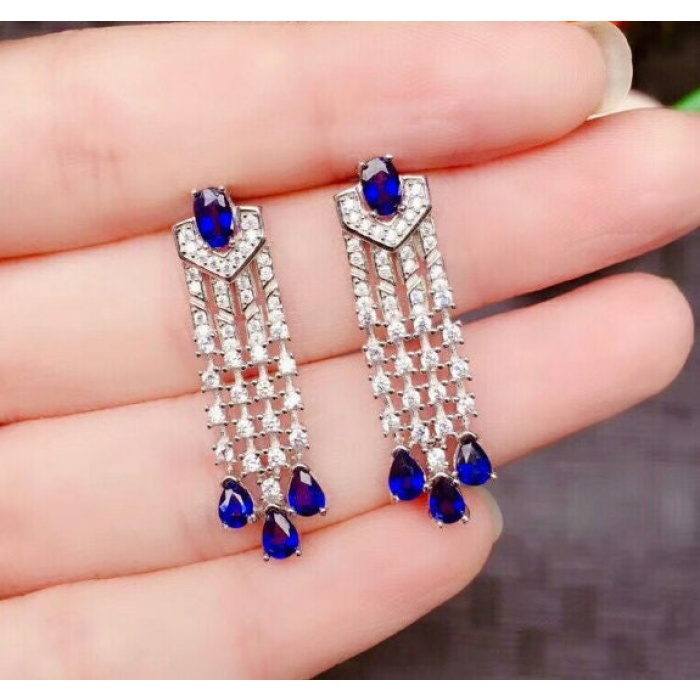 Natural Sapphire Drop Earrings, 925 Sterling Silver, Sapphire Earrings, Sapphire Silver Earrings, Luxury Earrings, Pear Cut Stone Earrings | Save 33% - Rajasthan Living 5