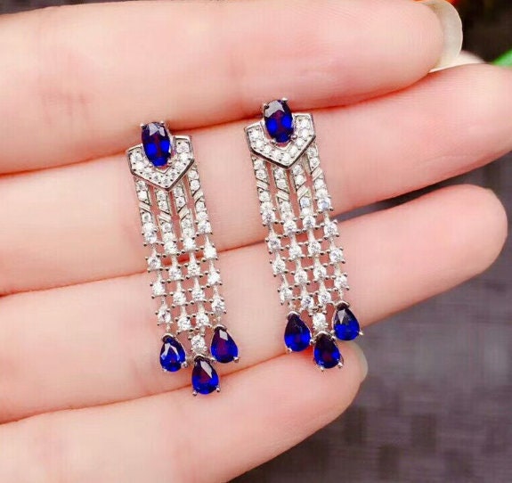 Natural Sapphire Drop Earrings, 925 Sterling Silver, Sapphire Earrings, Sapphire Silver Earrings, Luxury Earrings, Pear Cut Stone Earrings | Save 33% - Rajasthan Living 9