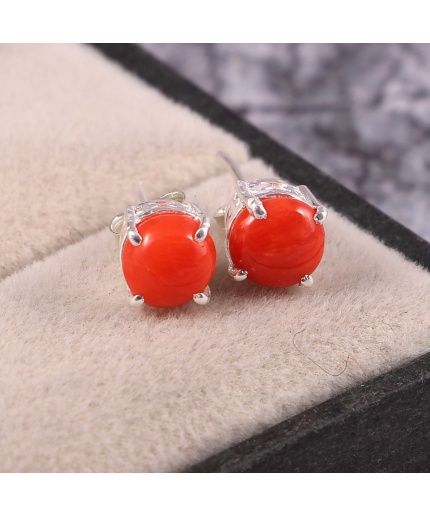 Natural Coral Studs Earrings, Coral Earrings, 925 Silver Earrings, Victorian Earrings, Bridesmaid Gift, Engagement Studs, Round Cut Studs | Save 33% - Rajasthan Living