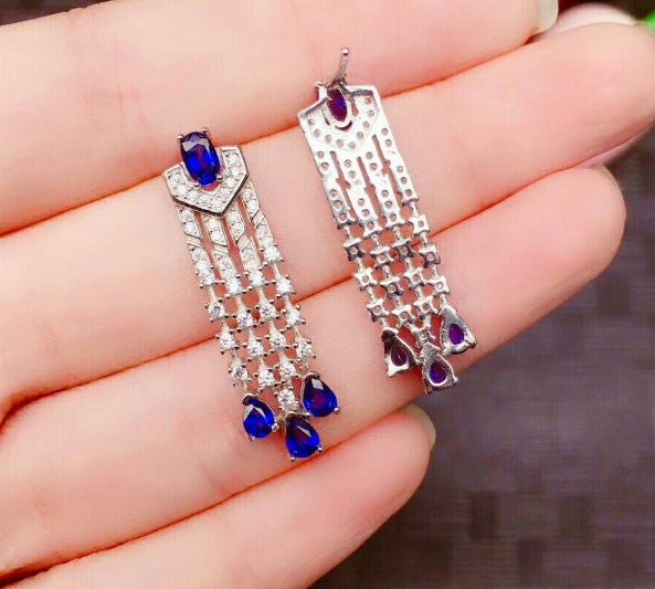 Natural Sapphire Drop Earrings, 925 Sterling Silver, Sapphire Earrings, Sapphire Silver Earrings, Luxury Earrings, Pear Cut Stone Earrings | Save 33% - Rajasthan Living 11