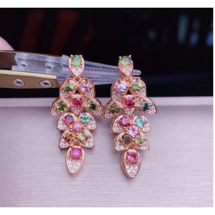 Natural Multi Tourmaline Drop Earrings, 925 Sterling Silver, Wedding Earrings, Luxury Earrings, Round Cut Stone Earrings | Save 33% - Rajasthan Living 7