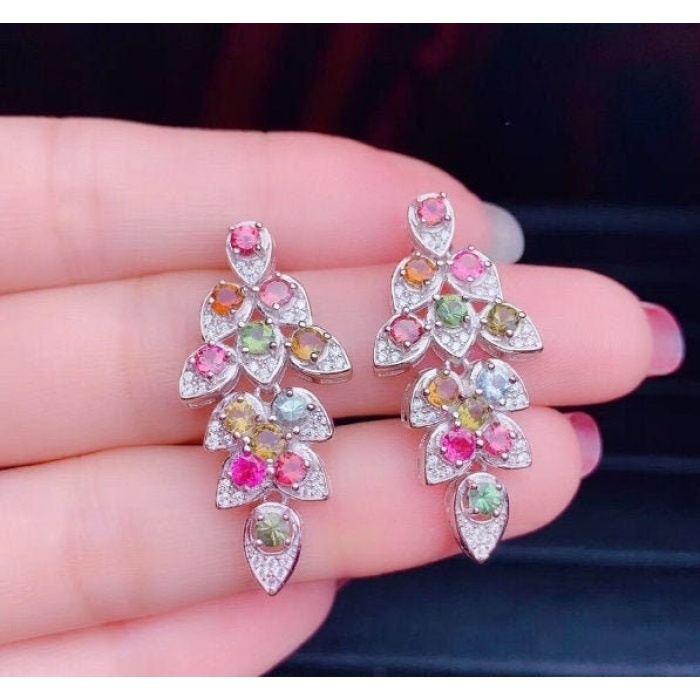 Natural Multi Tourmaline Drop Earrings, 925 Sterling Silver, Wedding Earrings, Luxury Earrings, Round Cut Stone Earrings | Save 33% - Rajasthan Living 6