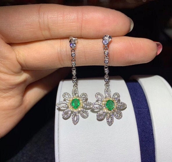 Natural Emerald Drop Earrings, 925 Sterling Silver, Emerald Drop Earrings, Emerald Silver Earrings, Luxury Earrings, Ovel Cut Stone Earrings | Save 33% - Rajasthan Living 9