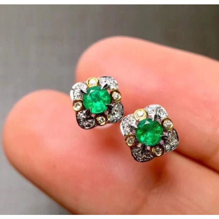 Natural Emerald Stud Earrings, 925 Sterling Silver, Emerald Stud Earrings, Emerald Silver Earrings, Luxury Earrings, Round Cut Stone | Save 33% - Rajasthan Living 6