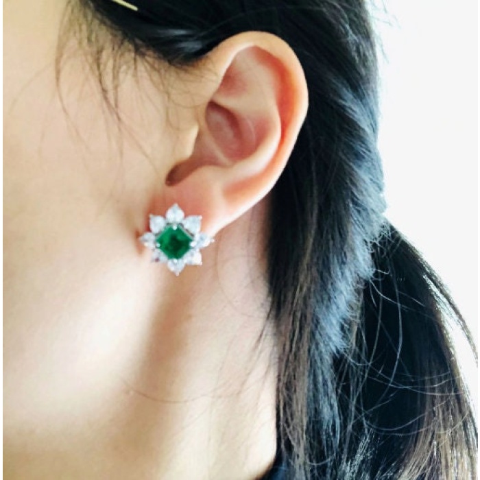 lab Emerald Stud Earrings, 925 Sterling Silver, Emerald Stud Earrings, Emerald Silver Earrings, Luxury Earrings, Square cut Stone | Save 33% - Rajasthan Living 7