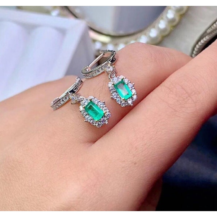 Natural Emerald Drop Earrings, 925 Sterling Silver, Emerald Drop Earrings, Emerald Silver Earrings, Luxury Earrings, Emerald Cut Stone | Save 33% - Rajasthan Living 7