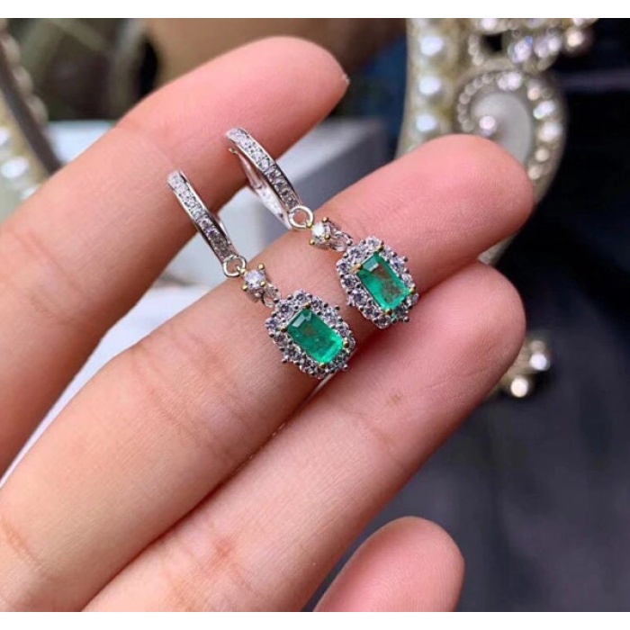 Natural Emerald Drop Earrings, 925 Sterling Silver, Emerald Drop Earrings, Emerald Silver Earrings, Luxury Earrings, Emerald Cut Stone | Save 33% - Rajasthan Living 6