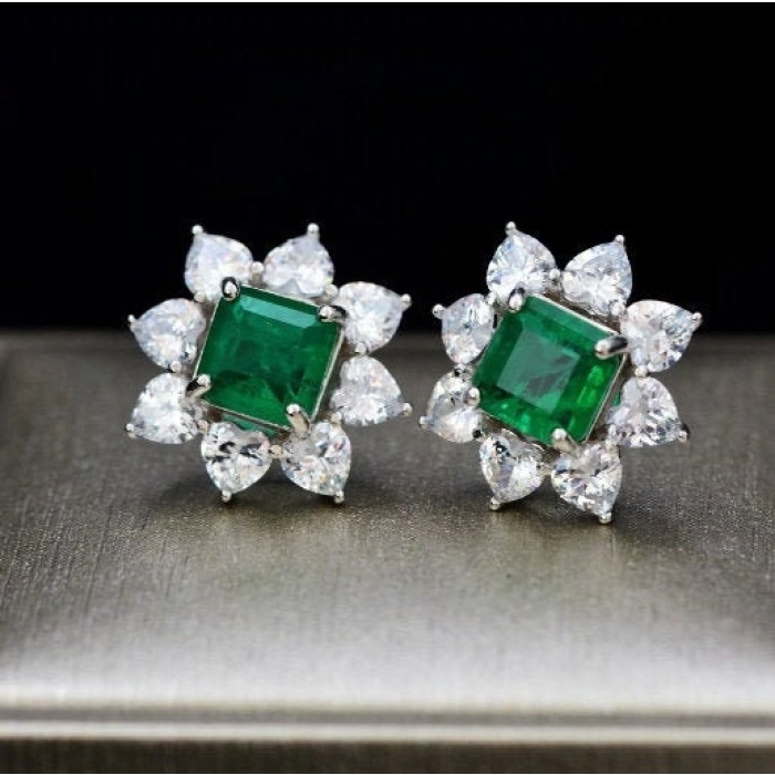 lab Emerald Stud Earrings, 925 Sterling Silver, Emerald Stud Earrings, Emerald Silver Earrings, Luxury Earrings, Square cut Stone | Save 33% - Rajasthan Living 6