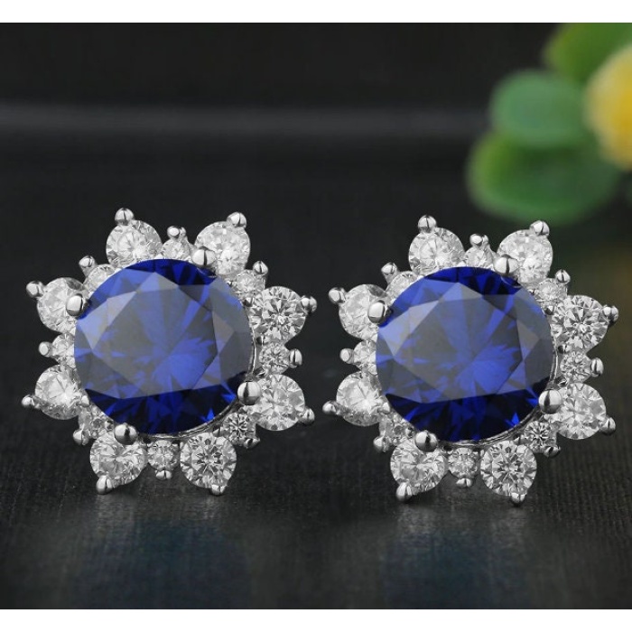 Lab Sapphire Studs Earrings, 925 Sterling Silver, Sapphire Earrings, Sapphire Silver Earrings, Luxury Earrings, Round Cut Stone Earrings | Save 33% - Rajasthan Living 6