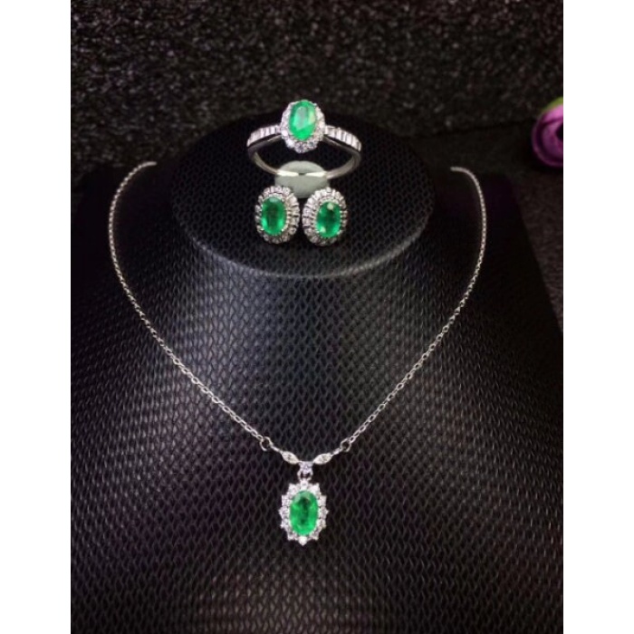 Natural Emerald Jewelry Set, Engagement Ring, Emerald Silver Pendent, Woman Earring Pendant Necklace, Luxury Pendent, Oval Cut Stone Pendent | Save 33% - Rajasthan Living 9