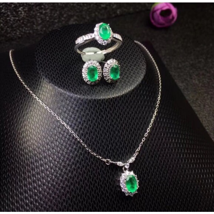 Natural Emerald Jewelry Set, Engagement Ring, Emerald Silver Pendent, Woman Earring Pendant Necklace, Luxury Pendent, Oval Cut Stone Pendent | Save 33% - Rajasthan Living 8