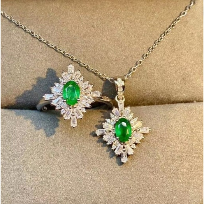 Natural Emerald Jewelry Set, Engagement Ring, Emerald Silver Pendent, Woman Earring Pendant Necklace, Luxury Pendent, Oval Cut Stone Pendent | Save 33% - Rajasthan Living 6
