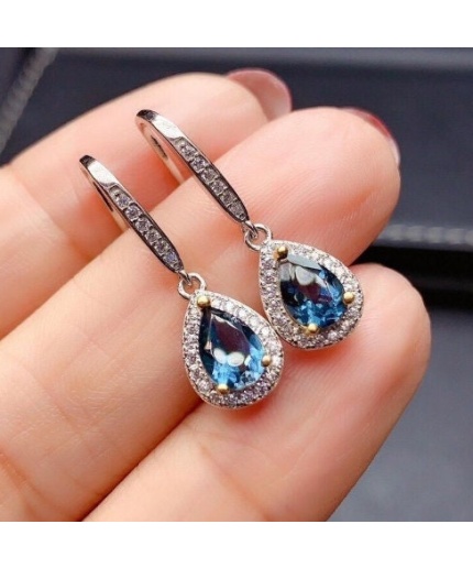 Natural Blue Topaz Drop Earrings, 925 Sterling Silver, Drop Earrings, Blue Topaz Earrings, Luxury Earrings, Pear Cut Stone Earrings | Save 33% - Rajasthan Living