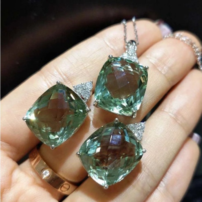 Natural Green Amethyst Jewelry Set, Engagement Ring, Green Amethyst Jewellery Set, Woman Pendant, Luxury Pendent, Cushion Cut Stone Pendent | Save 33% - Rajasthan Living 9