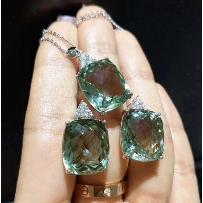 Natural Green Amethyst Jewelry Set, Engagement Ring, Green Amethyst Jewellery Set, Woman Pendant, Luxury Pendent, Cushion Cut Stone Pendent | Save 33% - Rajasthan Living 6