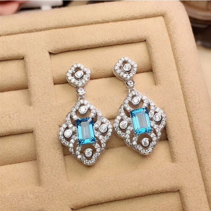 Natural Blue Topaz Drop Earrings, 925 Sterling Silver, Drop Earrings, Blue Topaz Earrings, Luxury Earrings, Emerald Cut Stone Earrings | Save 33% - Rajasthan Living 7