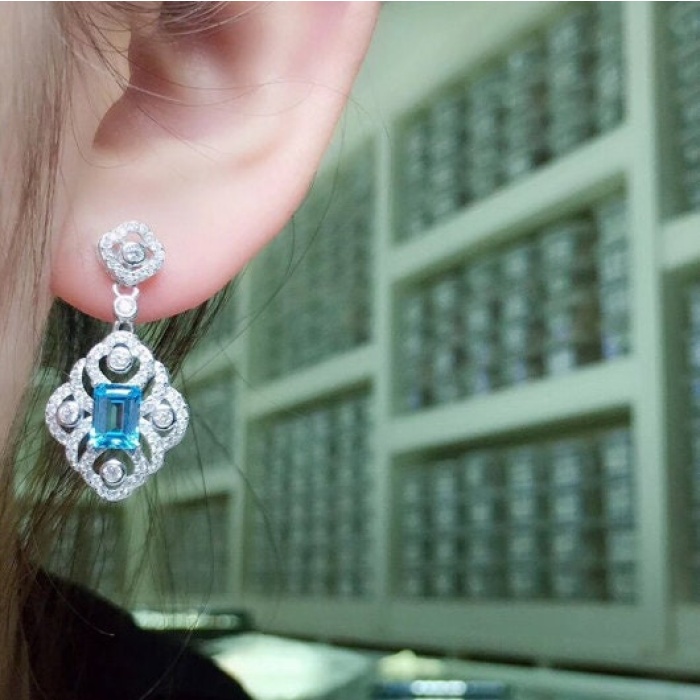 Natural Blue Topaz Drop Earrings, 925 Sterling Silver, Drop Earrings, Blue Topaz Earrings, Luxury Earrings, Emerald Cut Stone Earrings | Save 33% - Rajasthan Living 8