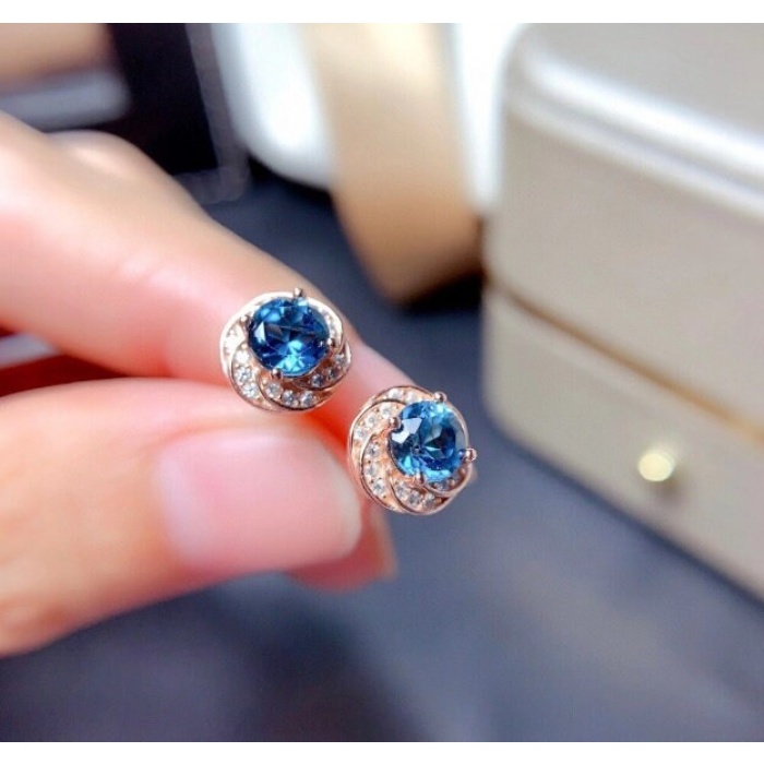 Natural Blue Topaz Stud Earrings, 925 Sterling Silver, Stud Earrings, Blue Topaz Earrings, Luxury Earrings, Round Cut Stone Earrings | Save 33% - Rajasthan Living 10