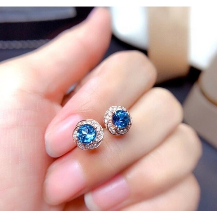 Natural Blue Topaz Stud Earrings, 925 Sterling Silver, Stud Earrings, Blue Topaz Earrings, Luxury Earrings, Round Cut Stone Earrings | Save 33% - Rajasthan Living 11