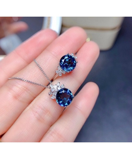 Natural Blue Topaz Jewelry Set, Engagement Ring, Blue Topaz Jewelry Set, Woman Pendant, Topaz Necklace, Luxury Pendent, Round Cut Stone | Save 33% - Rajasthan Living