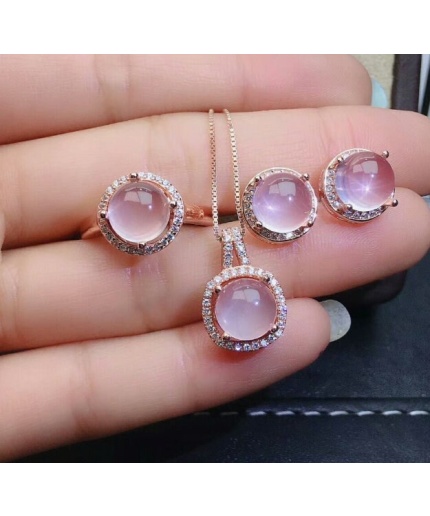 Natural Rose Quartz Jewelry Set, Engagement Ring, Rose Quartz Silver Pendent, Woman Pendant, Pendant Necklace, Luxury Ring, Round Cabochon | Save 33% - Rajasthan Living
