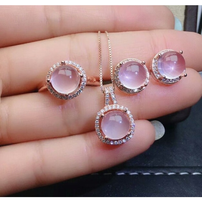 Natural Rose Quartz Jewelry Set, Engagement Ring, Rose Quartz Silver Pendent, Woman Pendant, Pendant Necklace, Luxury Ring, Round Cabochon | Save 33% - Rajasthan Living 5