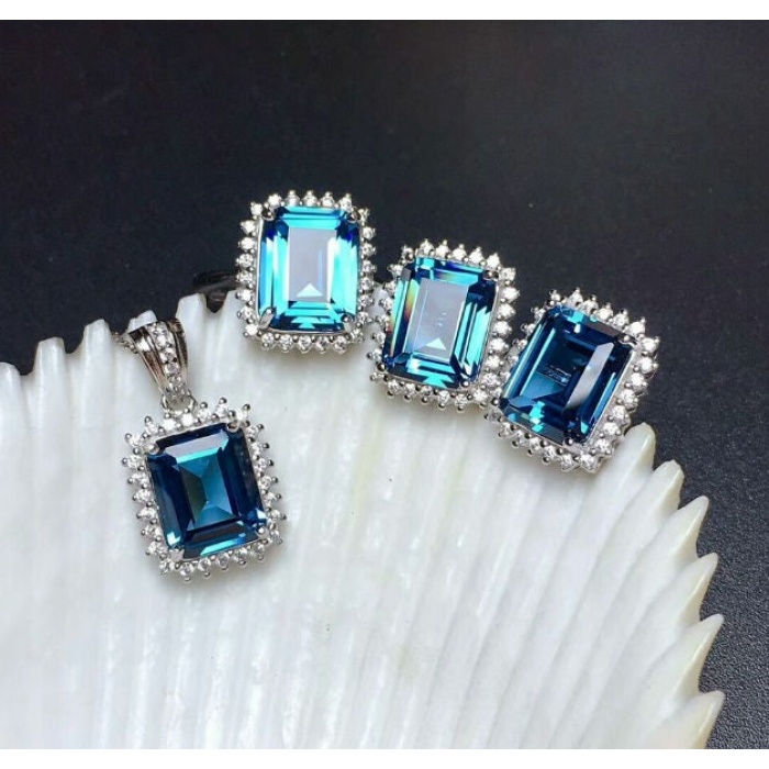 Natural Blue Topaz Jewelry Set, Engagement Ring, Blue Topaz Jewelry Set, Woman Pendant, Topaz Necklace, Luxury Pendant, Emerald Cut Stone | Save 33% - Rajasthan Living 13
