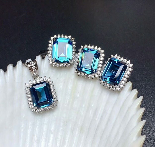 Natural Blue Topaz Jewelry Set, Engagement Ring, Blue Topaz Jewelry Set, Woman Pendant, Topaz Necklace, Luxury Pendant, Emerald Cut Stone | Save 33% - Rajasthan Living 21