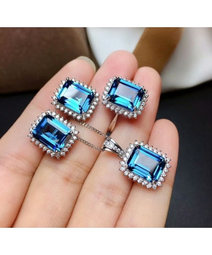 Natural Blue Topaz Jewelry Set, Engagement Ring, Blue Topaz Jewelry Set, Woman Pendant, Topaz Necklace, Luxury Pendant, Emerald Cut Stone | Save 33% - Rajasthan Living 3