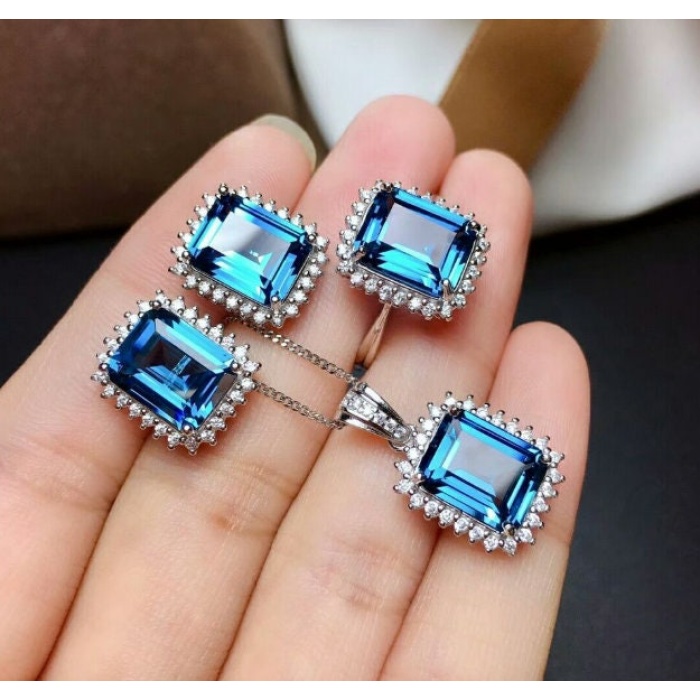 Natural Blue Topaz Jewelry Set, Engagement Ring, Blue Topaz Jewelry Set, Woman Pendant, Topaz Necklace, Luxury Pendant, Emerald Cut Stone | Save 33% - Rajasthan Living 7