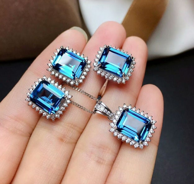 Natural Blue Topaz Jewelry Set, Engagement Ring, Blue Topaz Jewelry Set, Woman Pendant, Topaz Necklace, Luxury Pendant, Emerald Cut Stone | Save 33% - Rajasthan Living 15